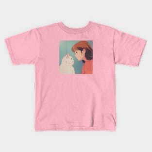 Retro Anime Girl And Cat Vintage Art 70s 80s 90s Kids T-Shirt